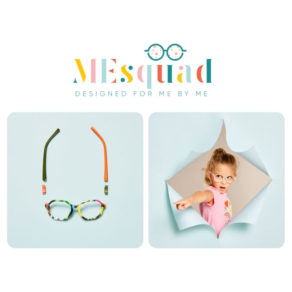 MEsquad Kids glasses image of logo and hinges, temples, and frames. Also has a child wearing kids glasses and pointing. 