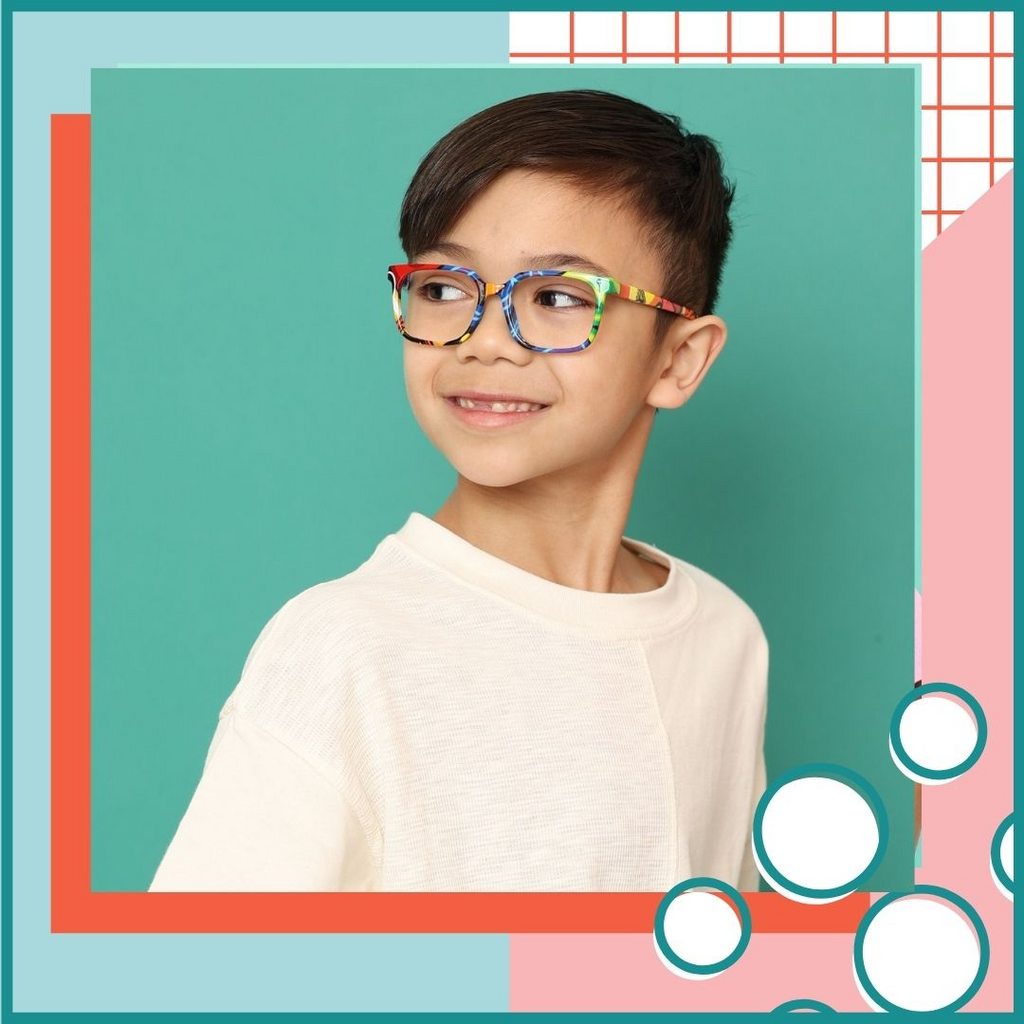 Cute kids wearing colorful, durable and customizable MEsquad Kids Glasses