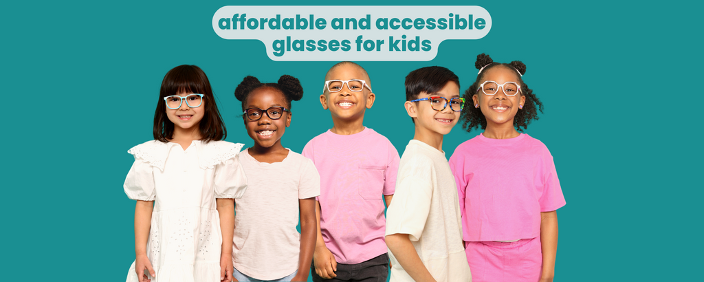 kids wearing MEsquad glasses with a green, teal, cyan background.