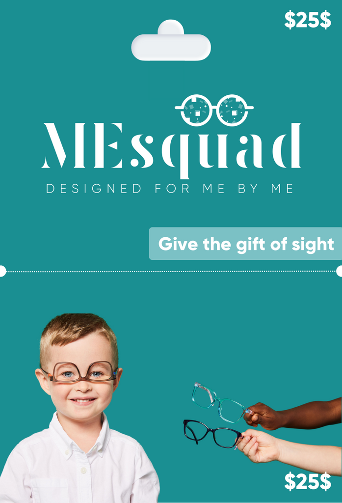 MEsquad kids glasses physical gift card valued at $25.  Boy wearing glasses with white shirt and green background
