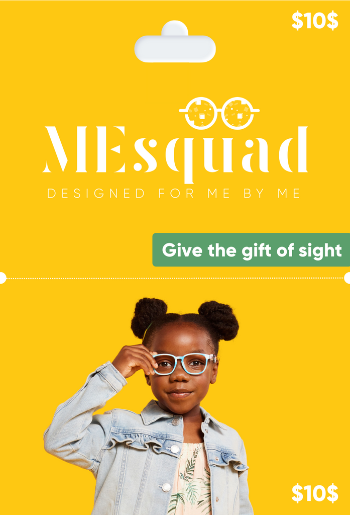 MEsquad kids glasses. Girl wearing glasses and jean jacket on yellow background